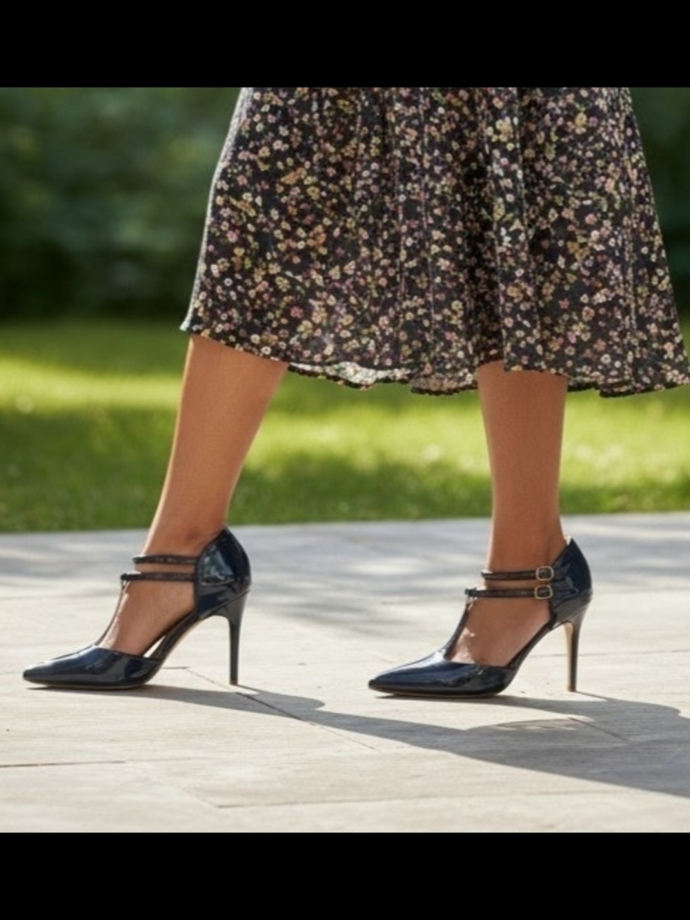Patent Navy Double T-Strap Pointed Heels with Ankle Buckle